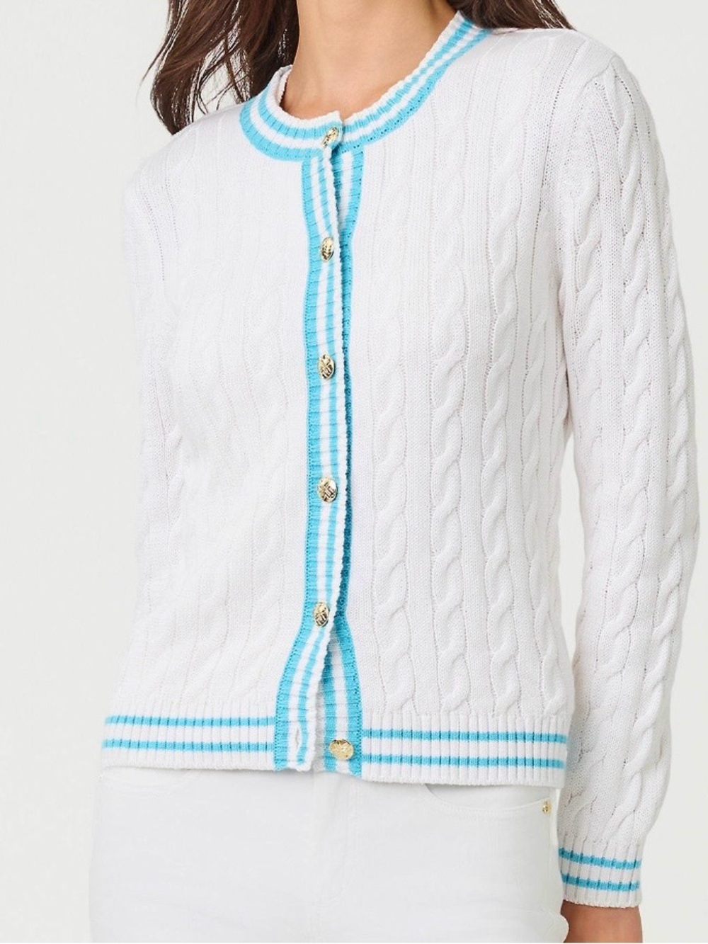 NWT Lilly Pulitzer Brockton Crew Neck Cardigan White & Blue Small - Picture 2 of 14